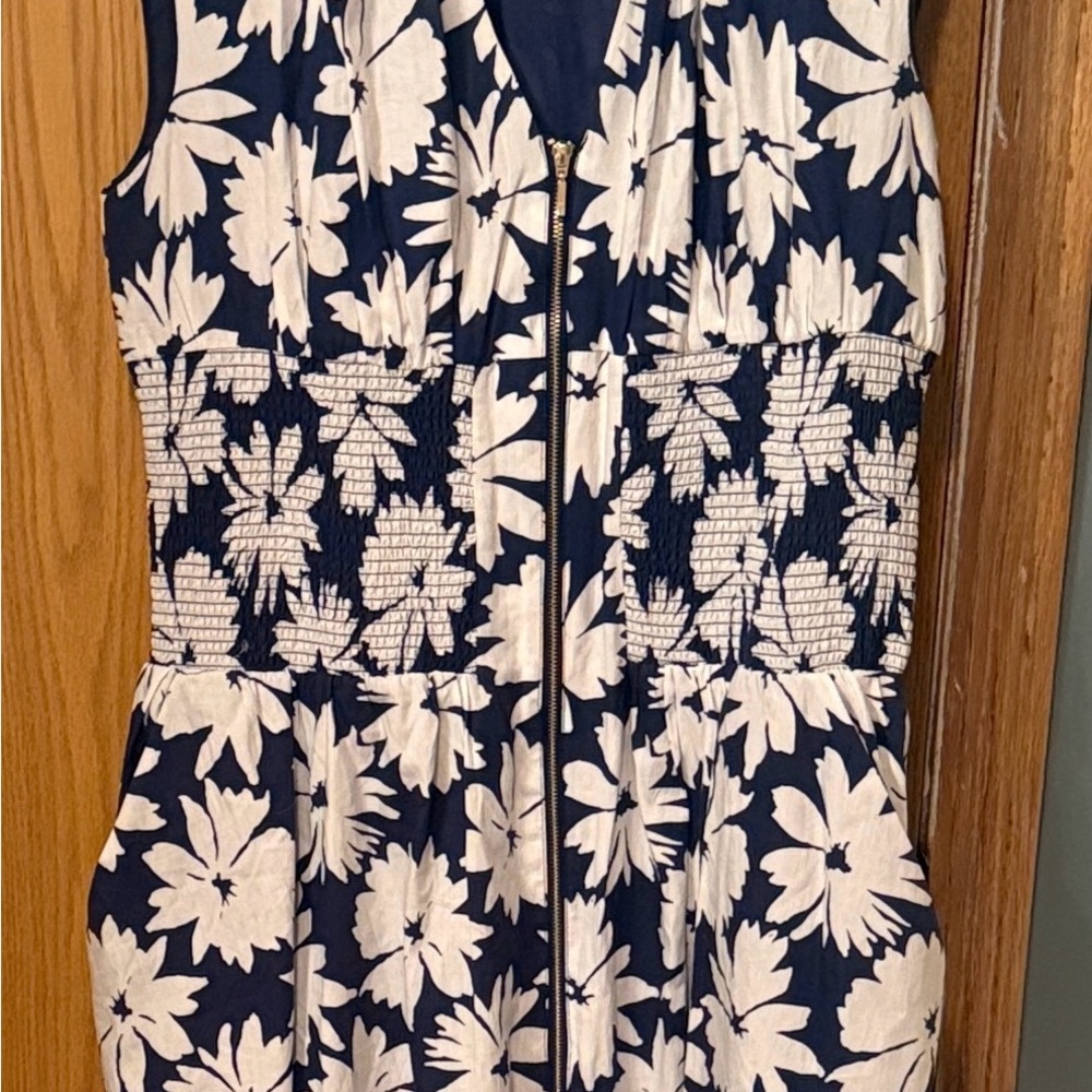 Navy and White Floral Zip-Front Women’s Dress